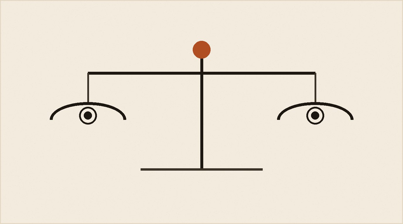 Ilustración editorial con dos columnas contables equilibradas y una balanza central